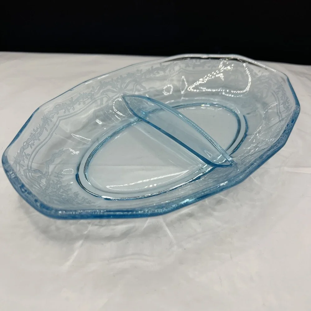 Vintage Fostoria June Azure Blue Etched Glass Divided Relish Dish Serving Tray